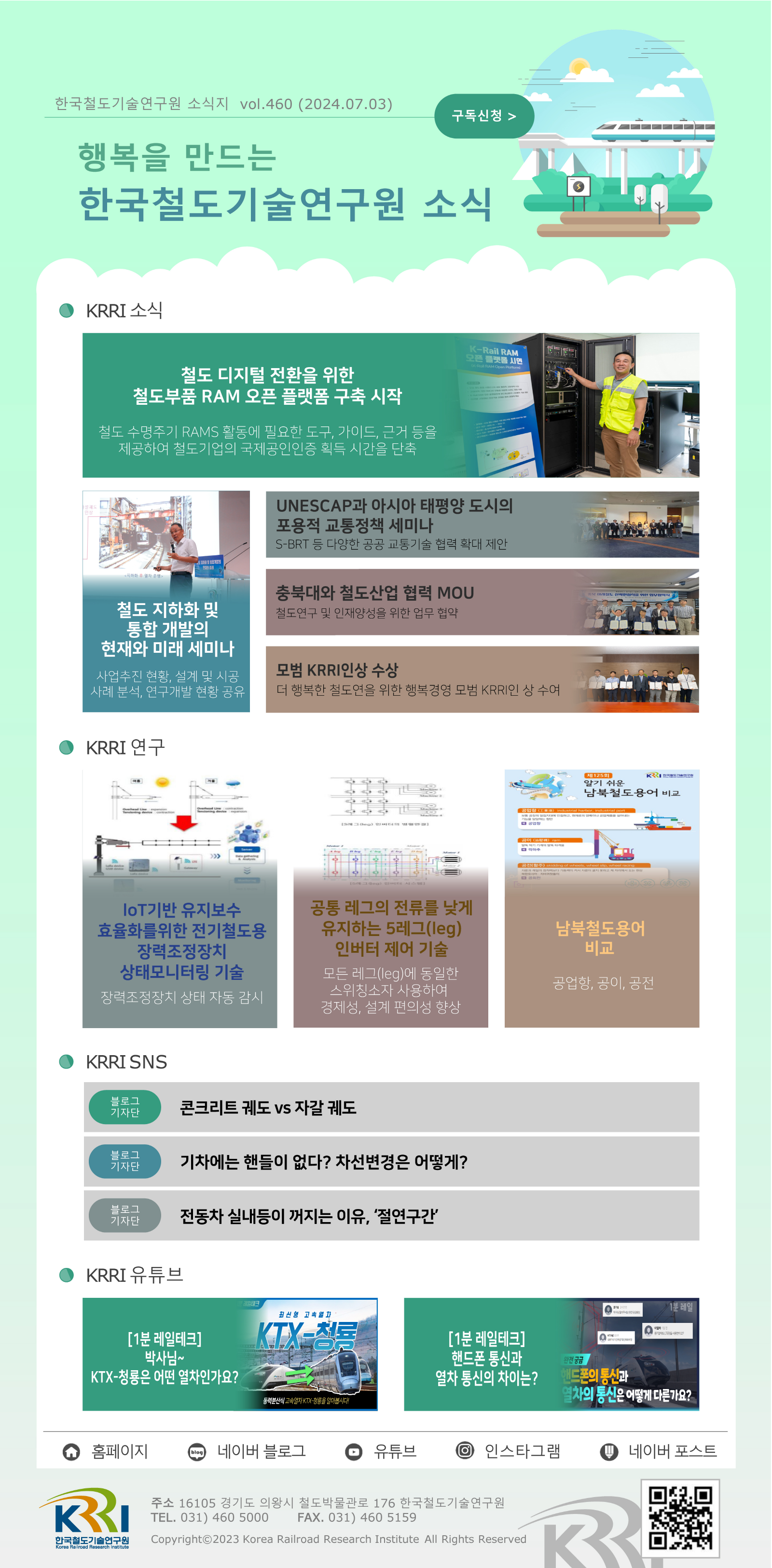 한국철도기술연구원 소식지 vol.460 (2024.07.03) 구독신청 행복을 만드는 한국철도기술연구원 소식  KRRI 소식 철도 디지털 전환을 위한 철도부품 RAM 오픈 플랫폼 구축 시작 - 철도 수명주기 RAMS 활동에 필요한 도구, 가이드, 근거 등을 제공하여 철도기업의 국제공인인증 획득 시간을 단축 철도 지하화 및 통합 개발의 현재와 미래 세미나 - 사업추진 현황, 설계 및 시공 사례 분석, 연구개발 현황 공유 UNESCAP과 아시아 태평양 도시의 포용적 교통정책 세미나 - S-BRT 등 다양한 공공 교통기술 협력 확대 제안 충북대와 철도산업 협력 MOU - 철도연구 및 인재양성을 위한 업무 협약 모범 KRRI인 상 수상 - 더 행복한 철도연을 위한 행복경영 모범 KRRI인 상 수여  KRRI 연구 IoT기반 유지보수 효율화를 위한 전기철도용 장력조정장치 상태모니터링 기술 - 장력조정장치 상태 자동 감시 공통 레그의 전류를 낮게 유지하는 5레그(leg) 인버터 제어 기술 - 모든 레그(leg)에 동일한 스위칭소자 사용하여 경제성, 설계 편의성 향상 남북철도용어 비교 - 공업항, 공이, 공전  KRRI SNS 블로그 기자단 - 콘크리트 궤도 vs 자갈 궤도 블로그 기자단 - 기차에는 핸들이 없다? 차선 변경은 어떻게? 블로그 기자단 - 전동차 실내등이 꺼지는 이유, '절연구간'  KRRI 유튜브 [1분 레일테크] 박사님~ KTX-청룡은 어떤 열차인가요? [1분 레일테크] 핸드폰 통신과 열차 통신의 차이는?  홈페이지, 네이버 블로그, 유튜브, 인스타그램, 네이버포스트 주소: 16105 경기도 의왕시 철도박물관로 176 한국철도기술연구원 TEL.031)460 5000 FAX.031)460 5159 Copyright 2023 Korea Railroad Research Institute All Rights Reserved QR코드 링크 https://www.krri.re.kr/web/main/index.do