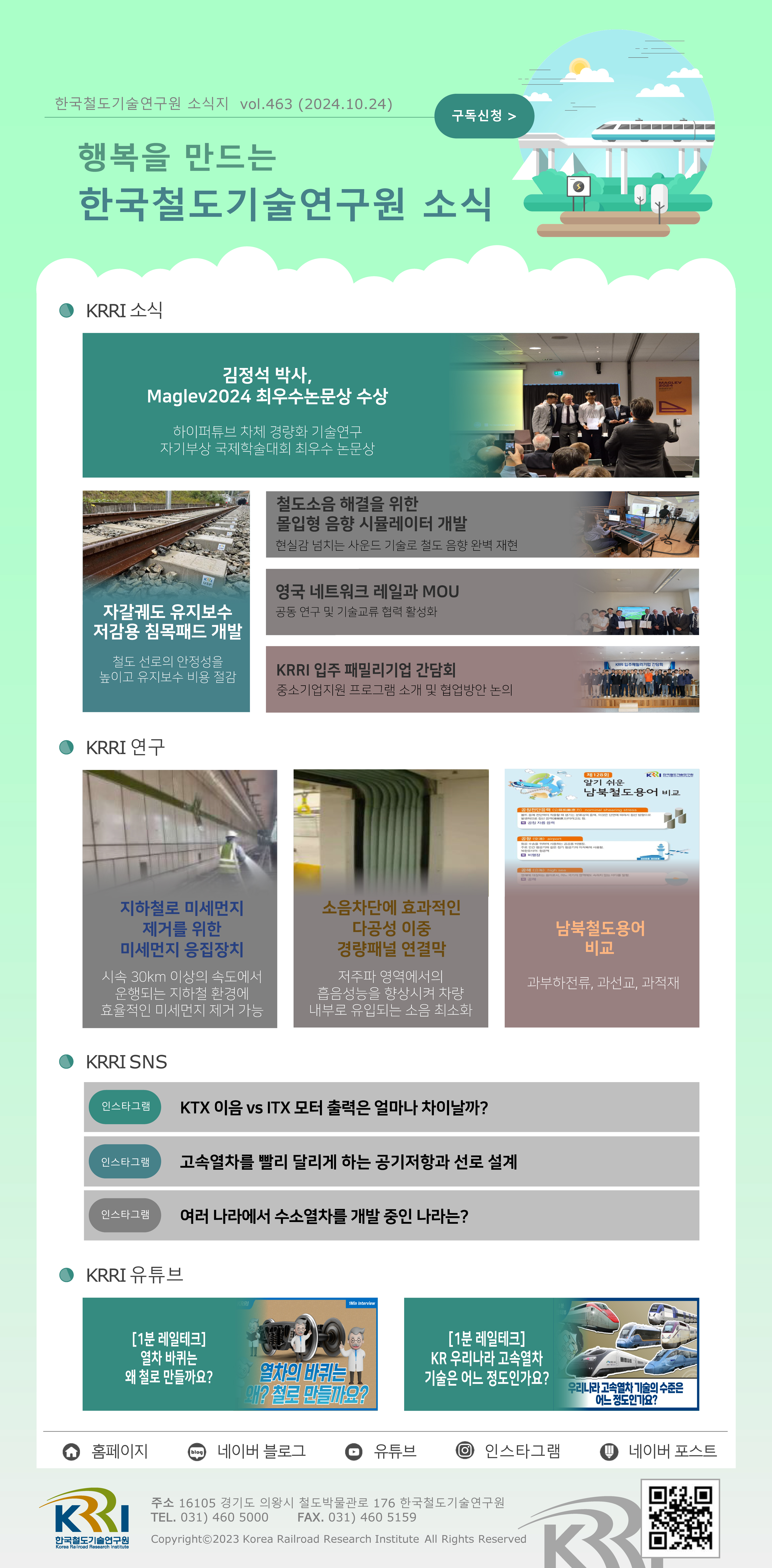 한국철도기술연구원 소식지 vol.463 (2024.10.24) 구독신청 행복을 만드는 한국철도기술연구원 소식  KRRI 소식 김정석 박사, Maglev2024 최우수논문상 수상 하이퍼튜브 차체 경량화 기술연구 자기부상 국제학술대회 최우수 논문상 자갈궤도 유지보수 저감용 침목패드개발 - 철도 선로의 안정성을 높이고 유지보수 비용절감 철도소음 해결을 위한 몰입형 음향 시뮬레이터 개발 - 현실감 넘치는 사운드 기술로 철도 음향 완벽 재현 영국 네트워크 레일과 mou - 공동 연구 및 기술교류 협력 활성화 KRRI 입주 패밀리기업 간담회 - 중소기업지원 프로그램 소개 및 협업방안 논의  KRRI 연구 지하철로 미세먼지 제거를 위한 미세먼지 응집장치 - 시속 30km 이상의 속도에서 운행되는 지하철 환경에 효율적인 미세먼지 제거 가능 소음차단에 효과적인 다공성 이중 경량패널 연결막 - 저주파 영역에서의 흡음성능을 향상시켜 차량 내부로 유입되는 소움 최소화 남북철도용어 비교 - 과부하전류, 과선교, 과적재  KRRI SNS 인스타그램 - KTX 이음 vs ITX 모터 출력은 얼마나 차이날까? 인스타그램 - 고속열차를 빨리 달리게 하는 공기저항과 선로 설계 인스타그램 - 여러 나라에서 수소열차를 개발 중인 나라는?  KRRI 유튜브 [1분 레일테크] 열차 바퀴는 왜 철로 만들까요? [1분 레일테크] KR 우리나라 고속열차 기술은 어느 정도 인가요?  홈페이지, 네이버 블로그, 유튜브, 인스타그램, 네이버포스트 주소: 16105 경기도 의왕시 철도박물관로 176 한국철도기술연구원 TEL.031)460 5000 FAX.031)460 5159 Copyright 2023 Korea Railroad Research Institute All Rights Reserved QR코드 링크 https://www.krri.re.kr/web/main/index.do