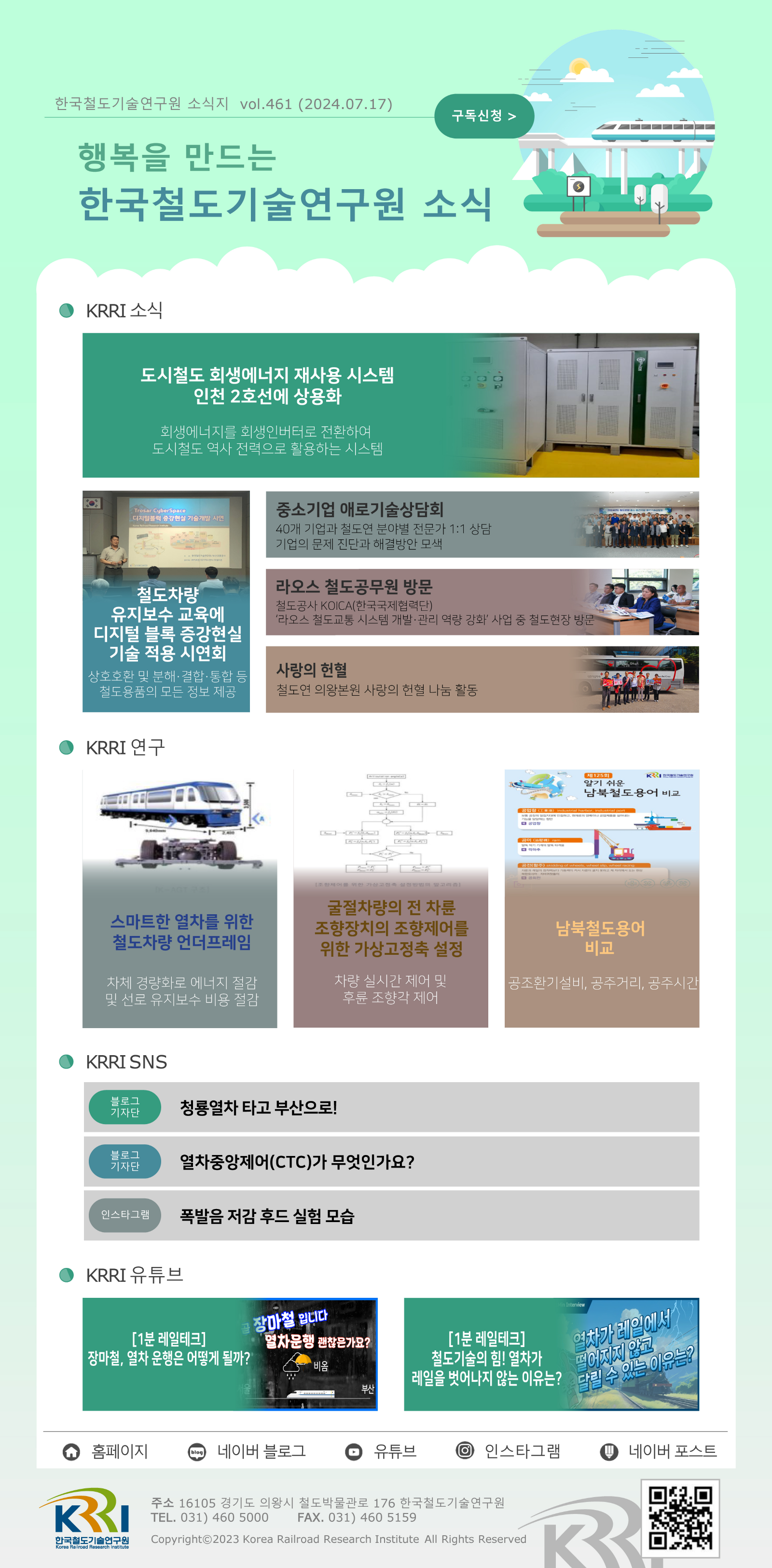 한국철도기술연구원 소식지 vol.461 (2024.07.17) 구독신청 행복을 만드는 한국철도기술연구원 소식  KRRI 소식 도시철도 회생에너지 재사용 시스템 인천 2호선에 상용화 - 회생에너지를 회생인버터로 전환하여 도시철도 역사 전력으로 활용하는 시스템 철도차량 유지보수 교육에 디지털 블록 증강현실 기술 적용 시연회 - 상호호환 및 분해,결합, 통합 등 철도용품의 모든 정보 제공 중소기업 애로기술상담회 - 40개 기업과 철도연 분야별 전문가 1:1 상담 기업의 문제 진단과 해결방안 모색 라오스 철도공무원 방문 - 철도공사 KOICA(한국국제협력단) '라오스 철도교통 시스템 개발,관리 역량 강화' 사업 중 철도현장 방문 사랑의 헌혈 - 철도연 의왕본연 사랑의 헌혈 나눔 활동  KRRI 연구 스마트한 열차를 위한 철도차량 언더프레임 - 차체 경량화로 에너지 절감 및 선로 유지보수 비용 절감 굴절차량의 전 차륜 조향장치의 조향제어를 위한 가상고정축 설정 - 차량 실시간 제어 및 후륜 조향각 제어 남북철도용어 - 공조환기설비, 공주거리, 공주시간  KRRI SNS 블로그 기자단  - 청룡열차 타고 부산으로! 블로그 기자단 - 열차중앙제어(CTC)가 무엇인가요? 인스타그램 - 폭발음 저감 후드 실험 모습  KRRI 유튜브 [1분 레일테크] 장마철, 열차 운행은 어떻게 될까? [1분 레일테크] 철도기술의 힘! 열차가 레일을 벗어나지 않는 이유는?  홈페이지, 네이버 블로그, 유튜브, 인스타그램, 네이버포스트 주소: 16105 경기도 의왕시 철도박물관로 176 한국철도기술연구원 TEL.031)460 5000 FAX.031)460 5159 Copyright 2023 Korea Railroad Research Institute All Rights Reserved QR코드 링크 https://www.krri.re.kr/web/main/index.do