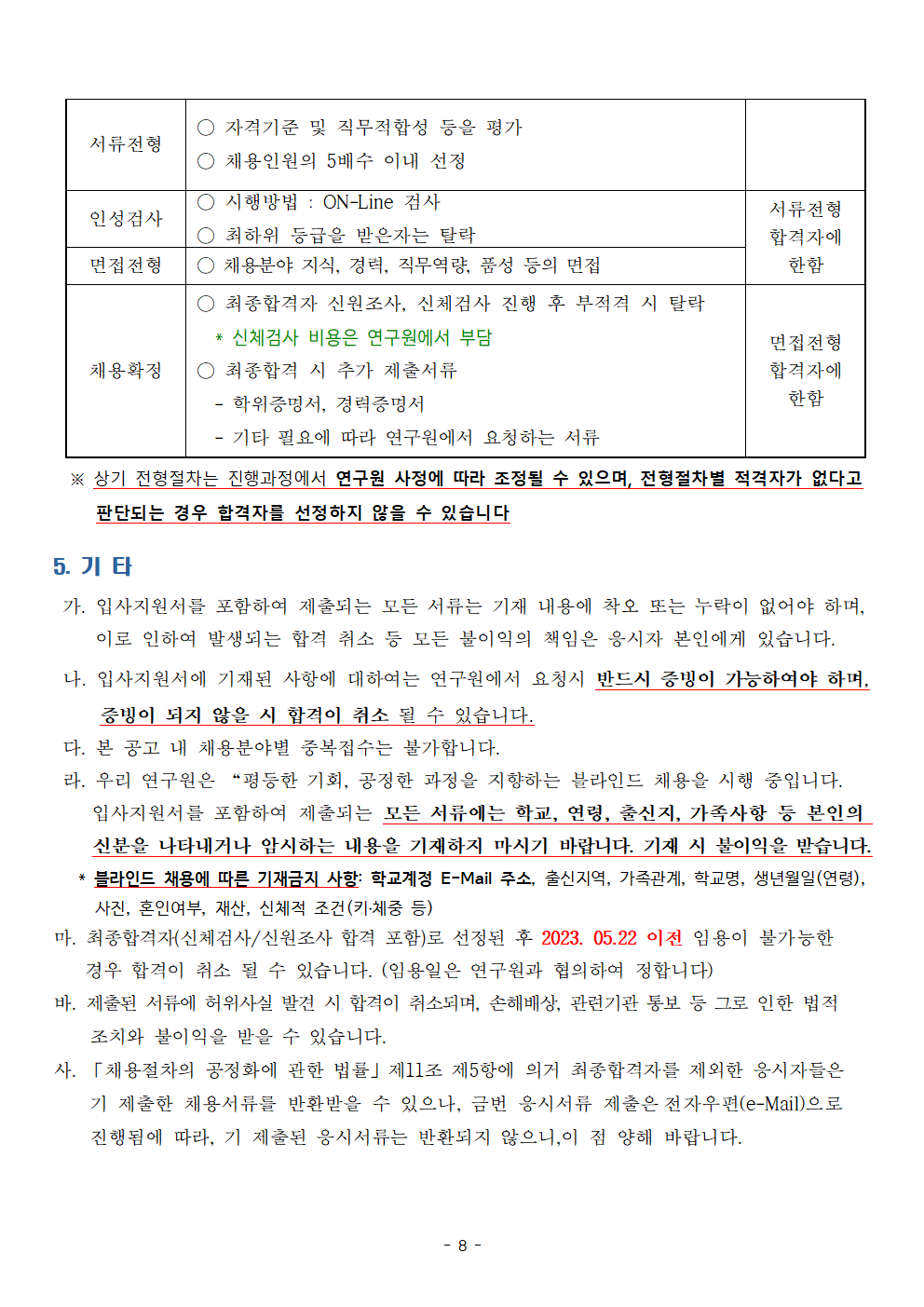 서류전형 - 자격기준 및 직무적합성 등을 평가, 채용인원의 5배수 이내 선정
인성검사 - 시행방법:ON-Line 검사, 최하위 등급을 받은자를 탈락, 비고 - 서류전형 합격자에 한함
면접전형 - 채용분야 지식,경력,직무역량,품성 등의 면접, 비고 - 서류전형 합격자에 한함
채용확정 - 최종합격자 신원조사, 신체검사 진행 후 부적격 시 탈락 *신체검사 비용은 연구원에서 부담 ,
최종합격 시 추가 제출 서류(학위증명서,경력증명서,기타 필요에 따라 연구원에서 요청하는 서류), 비고 - 면접전형 합격자에 한함
*상기 전형절차는 진행과정에서 연구원 사정에 따라 조정될 수 있으며, 전형절차별 적격자가 없다고 판단되는 경우 합격자를 선정하지 않을 수 있습니다
5.기타
가. 입사지원서를 포함하여 제출되는 모든 서류는 기재 내용에 착오 또는 누락이 없어야 하며, 이로 인하여 발생되는 합격 취소 등 모든 불이익의 책임은 응시자 본인에게 있습니다.
나. 입사지원서에 기재된 사항에 대하여는 연구원에서 요청시 반드시 증빙이 가능하여야 하며, 증빙이 되지 않을 시 합격이 취소 될 수 있습니다.
다. 본 공고 내 채용분야별 중복접수는 불가합니다.
라. 우리 연구원은 '평등한 기회, 공정한 과정'을 지향하는 블라인드 채용을 시행 중입니다. 입사지원서를 포함하여 제출되는 모든 서류에는 학교,연령,출신지,가족사항 등 본인의 신분을 나타내거나 암시하는 내용을 기재하지 마시기 바랍니다. 기재 시 불이익을 받습니다. *블라인드 채용에 따른 기재금지 사항: 학교계정 E-Mail 주소, 출신지역, 가족관계,학교명,생년월일(연령),사진,혼인여부,재산 신체적 조건(키,체중 등)
마. 최종합격자(신체검사/신원조사 합격 포함)로 선정된 후 2023.05.22 이전 임용이 불가능한 경우 합격이 취소 될 수 있습니다. (임용일은 연구원과 협의하여 정합니다)
바. 제출된 서류에 허위사실 발견 시 합격이 취소되며, 손해배상, 관련기관 통보 등 그로 인한 법적 조치와 불이익을 받을 수 있습니다.
사. '채용절차의 공정화에 관한 법률' 제11조 제5항에 의거 최종합격자를 제외한 응시자들은 기 제출한 채용서류를 받환받을 수 있으나, 금번 응시서류 제출은 전자우편(e-Mail)으로 진행됨에 따라, 기 제출된 응시서류는 반환되지 않으니, 이 점 양해 바랍니다.