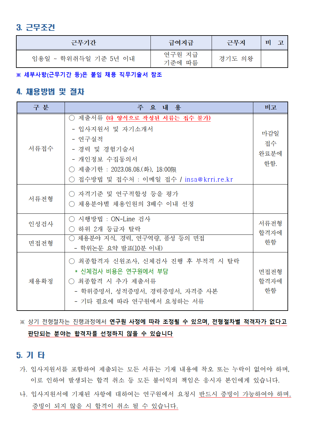 3.근무조건
근무기간 - 임용일 ~ 학위취득일 기준 5년 이내, 급여지급 - 연구원 지급 기준에 따름, 근무지 - 경기도 의왕
*세부사항(근무기간 등)은 붙임 채용 직무기술서 참조
4.채용방법 및 절차
서류접수
제출서류 (타 양식으로 작성된 서류는 접수불가) -입사지원서 및 자기소개서 -연구실적 -경력 및 경험기술서 -개인정보 수집동의서
제출기한: 2023.08.08(화), 18::00 까지
4. 채용방법 및 절차
서류접수 - 제출서류 (타 양식으로 작성된 서류는 접수 불가) -입사지원서 및 자기소개서 -연구실적 -경력 및 경험기술서 -개인정보 수집동의서, 제출기한: 2023.08.08(화), 18:00 까지, 접수방법 및 접수처 : 이메일 접수 / insa@krri.re.kr
비고 - 마감일 접수 완료분에 한함.
서류전형 - 자격기준 및 연구적합성 등을 평가 -채용분야별 채용인원의 3배수 이내 선정
인성검사 - 시행방법: ON-Line 검사 -하위 2개 등급자 탈락 비고-서류전형 합격자에 한함
면접전형 - 채용분야 지식, 경력, 연구역량, 품성 등의 면접 -학위논문 요약 발표(10분이내) 비고-서류전형 합격자에 한함
채용확정 - 최종 합격자 신원조사, 신체검사 진행 후 부적격시 탈락 *신체검사 비용은 연구원에서 부담 -최종합격 시 추가 제출서류 -학위증명서, 성적증명서, 경력증명서, 자격증 사본 -기타 필요에 따라 연구원에서 요청하는 서류 비고-면접전형 합격자에 한함
*상기 전형절차는 연구원 사정에 따라 조정될 수 있으며, 전형절차별 적격자가 없다고 판단되는 분야는 합격자를 선정하지 않을 수 있습니다
5.기타
가. 입사지원서를 포함하여 제출되는 모든 서류는 기재 내용에 착오 또는 누락이 없어야 하며, 이로 인하여 발생되는 합격 취소 등 모든 불이익의 책임은 응시자 본인에게 있습니다.
나. 입사지원서에 기재된 사항에 대하여는 연구원에서 요청시 반드시 증빙이 가능하여야 하며, 증빙이 되지 않을 시 합격이 취소 될 수 있습니다.